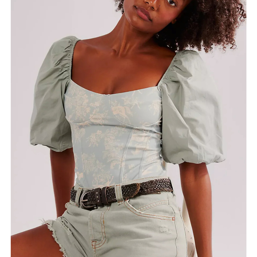 FREE PEOPLE INTIMATELY SAGE GREEN PRAIRIE ROSE TOILE PRINT CORSET BODYSUIT TOP S